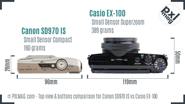 Canon SD970 IS vs Casio EX-100 top view buttons comparison