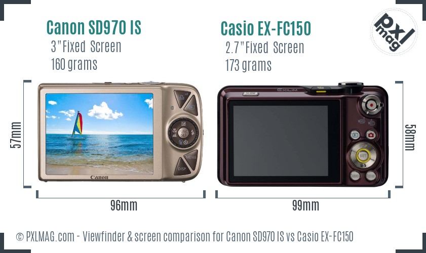 Canon SD970 IS vs Casio EX-FC150 Screen and Viewfinder comparison