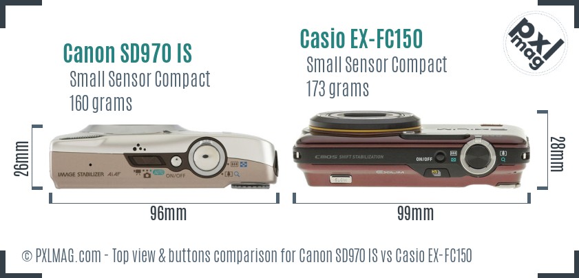 Canon SD970 IS vs Casio EX-FC150 top view buttons comparison
