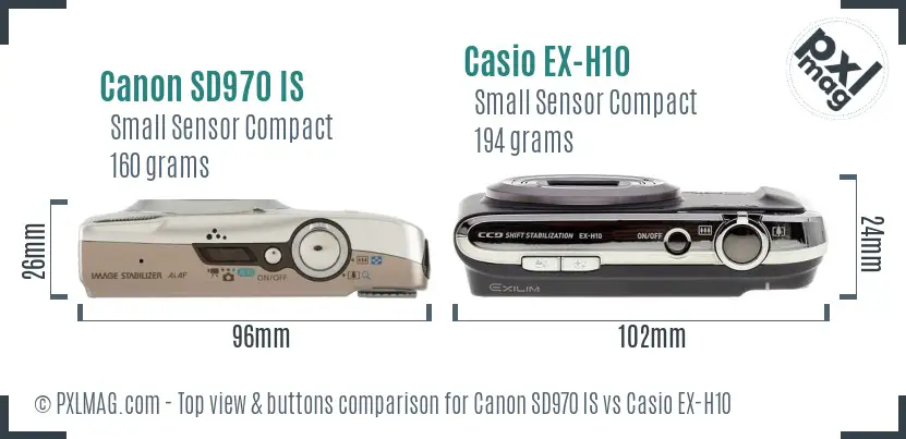 Canon SD970 IS vs Casio EX-H10 top view buttons comparison