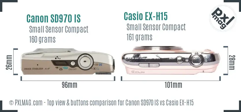 Canon SD970 IS vs Casio EX-H15 top view buttons comparison