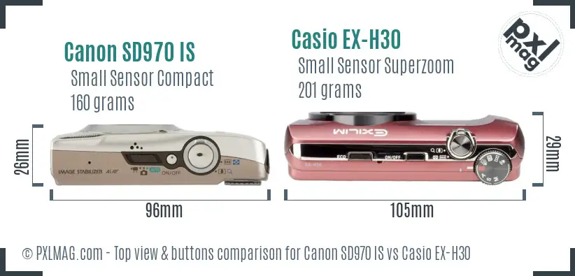 Canon SD970 IS vs Casio EX-H30 top view buttons comparison