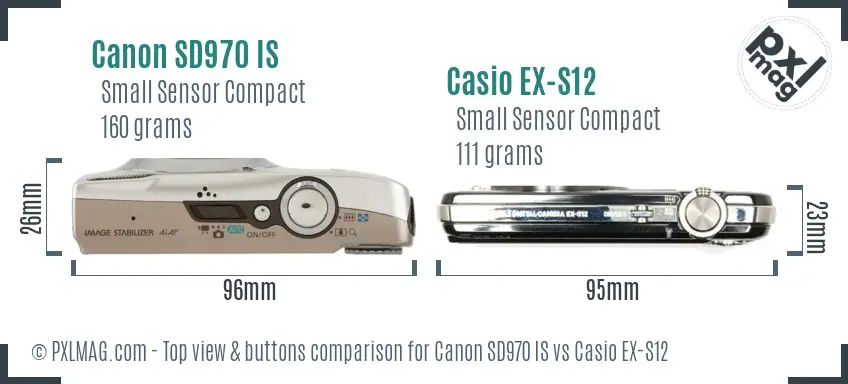 Canon SD970 IS vs Casio EX-S12 top view buttons comparison Canon SD970 IS vs Casio EX-S12 top view buttons comparison