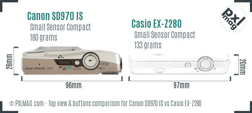 Canon SD970 IS vs Casio EX-Z280 top view buttons comparison