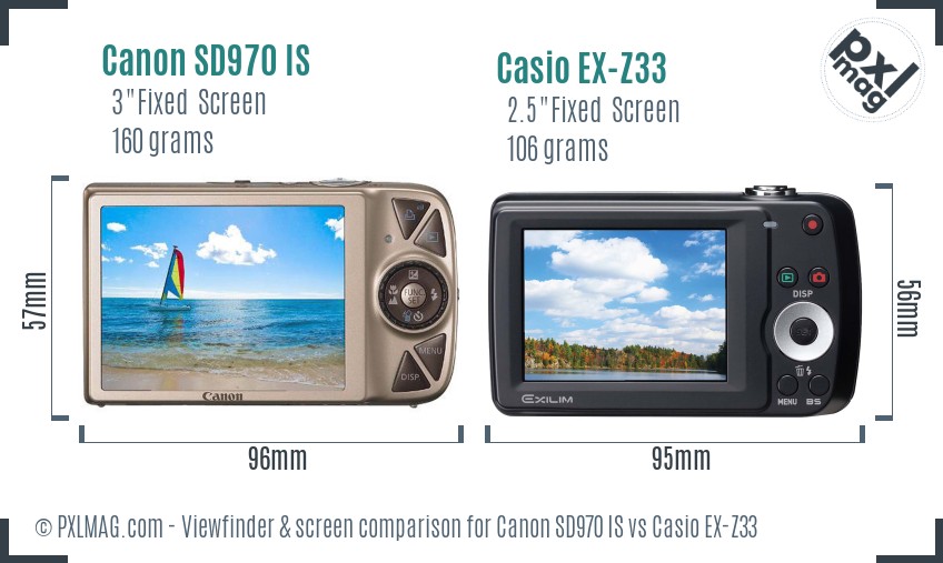 Canon SD970 IS vs Casio EX-Z33 Screen and Viewfinder comparison