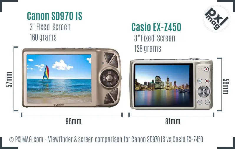 Canon SD970 IS vs Casio EX-Z450 Screen and Viewfinder comparison