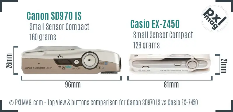 Canon SD970 IS vs Casio EX-Z450 top view buttons comparison