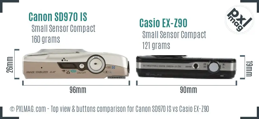 Canon SD970 IS vs Casio EX-Z90 top view buttons comparison