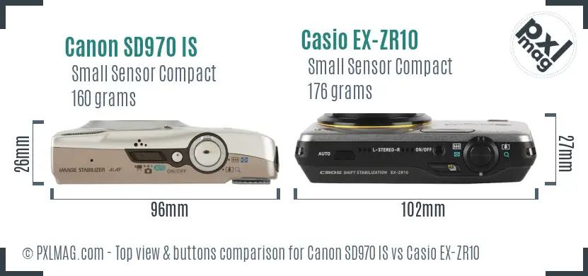 Canon SD970 IS vs Casio EX-ZR10 top view buttons comparison