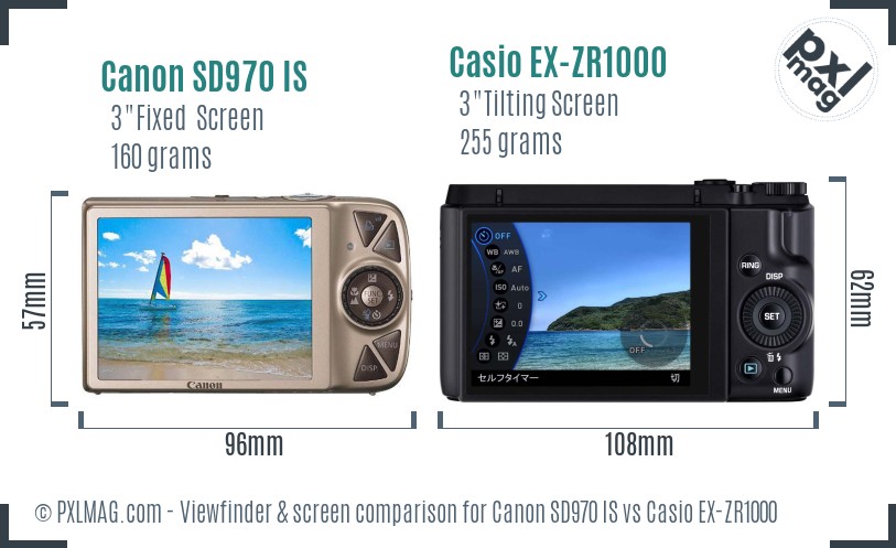 Canon SD970 IS vs Casio EX-ZR1000 Screen and Viewfinder comparison
