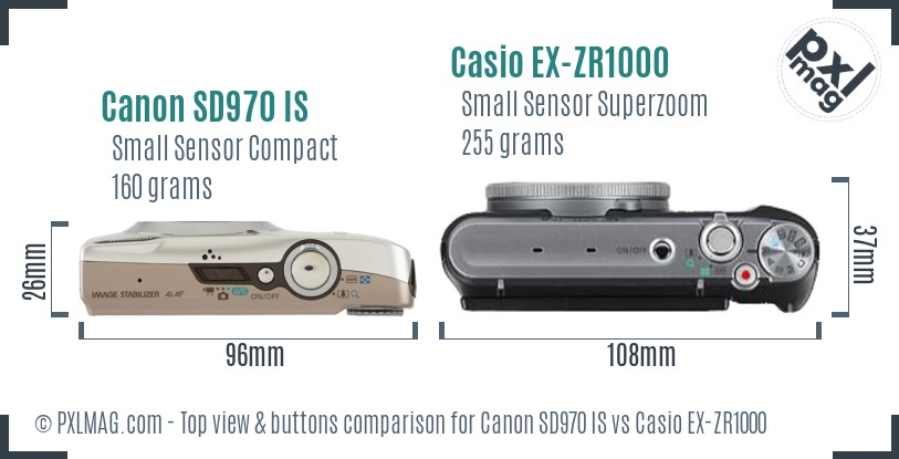 Canon SD970 IS vs Casio EX-ZR1000 top view buttons comparison