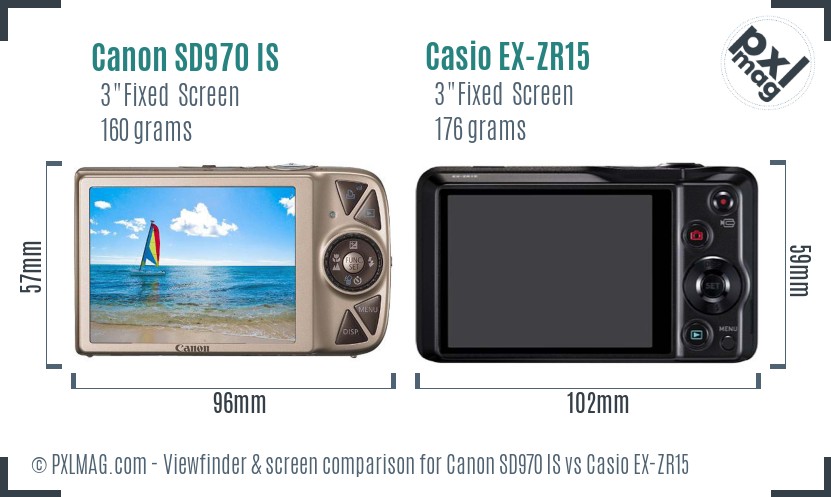 Canon SD970 IS vs Casio EX-ZR15 Screen and Viewfinder comparison