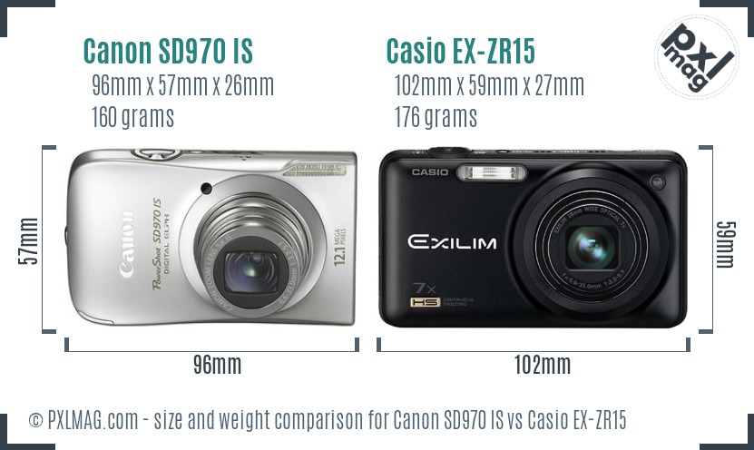 Canon SD970 IS vs Casio EX-ZR15 size comparison