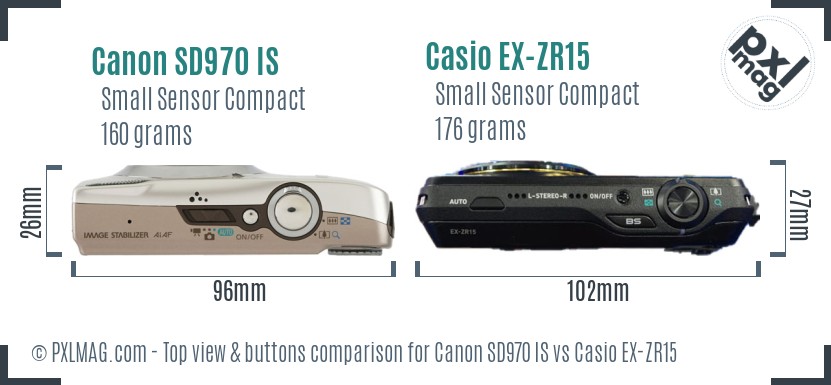 Canon SD970 IS vs Casio EX-ZR15 top view buttons comparison