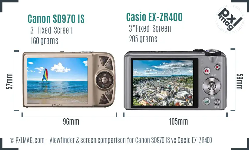 Canon SD970 IS vs Casio EX-ZR400 Screen and Viewfinder comparison