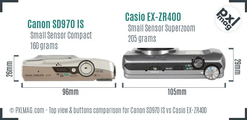 Canon SD970 IS vs Casio EX-ZR400 top view buttons comparison