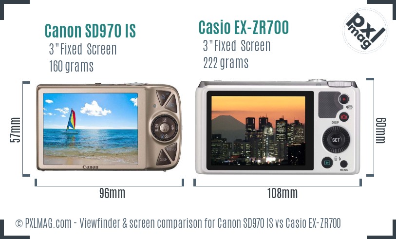 Canon SD970 IS vs Casio EX-ZR700 Screen and Viewfinder comparison