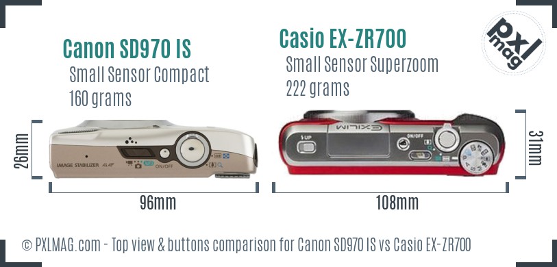 Canon SD970 IS vs Casio EX-ZR700 top view buttons comparison