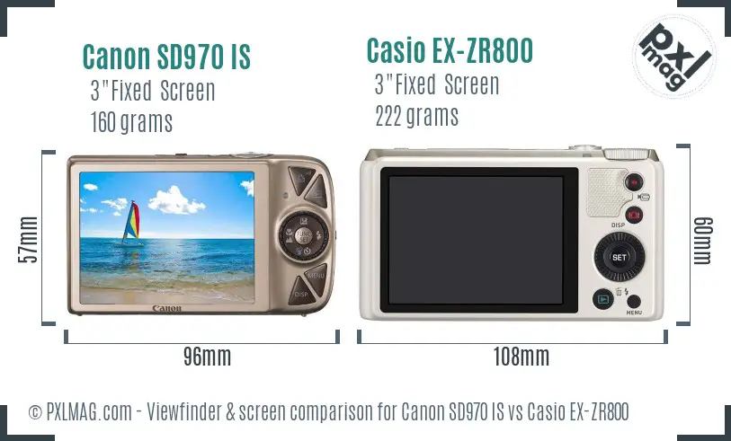 Canon SD970 IS vs Casio EX-ZR800 Screen and Viewfinder comparison