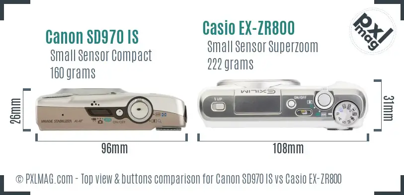 Canon SD970 IS vs Casio EX-ZR800 top view buttons comparison