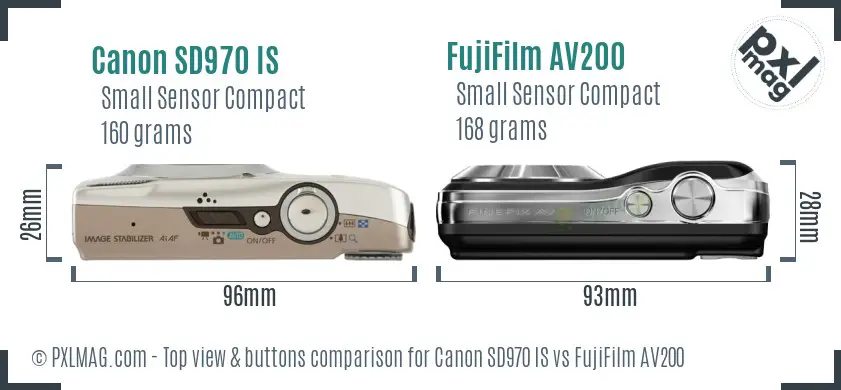 Canon SD970 IS vs FujiFilm AV200 top view buttons comparison