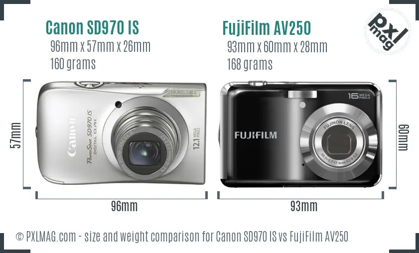 Canon SD970 IS vs FujiFilm AV250 size comparison