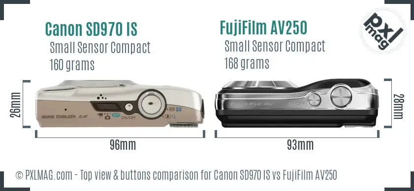 Canon SD970 IS vs FujiFilm AV250 top view buttons comparison