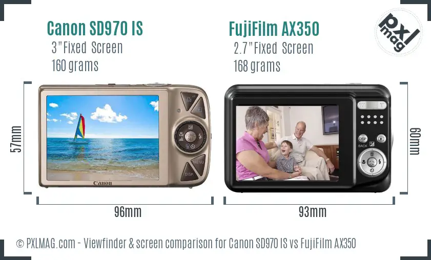 Canon SD970 IS vs FujiFilm AX350 Screen and Viewfinder comparison