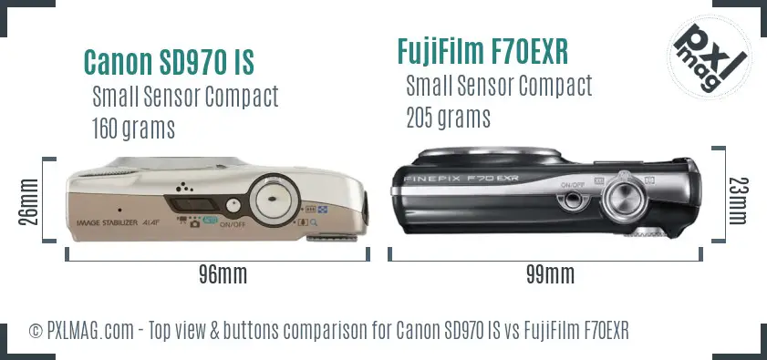 Canon SD970 IS vs FujiFilm F70EXR top view buttons comparison