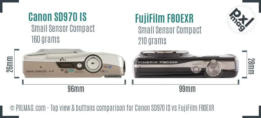 Canon SD970 IS vs FujiFilm F80EXR top view buttons comparison