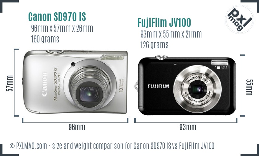 Canon SD970 IS vs FujiFilm JV100 size comparison
