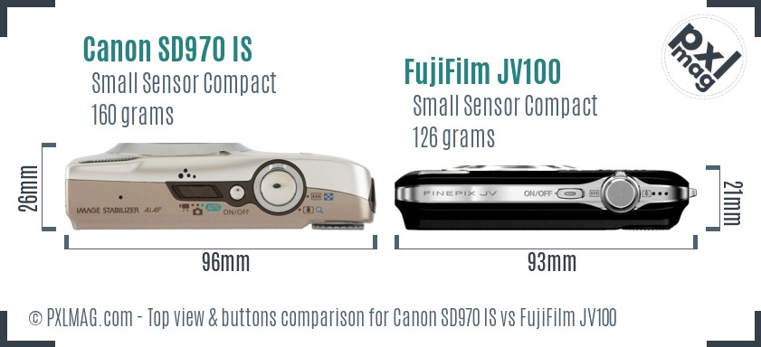 Canon SD970 IS vs FujiFilm JV100 top view buttons comparison