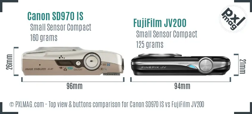 Canon SD970 IS vs FujiFilm JV200 top view buttons comparison