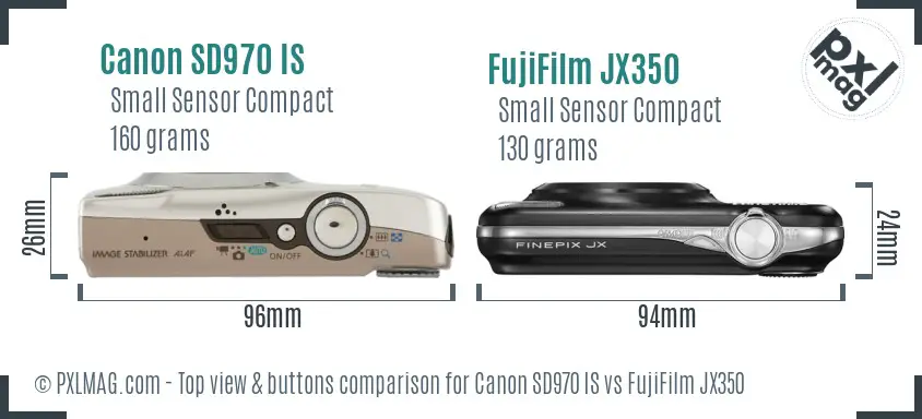 Canon SD970 IS vs FujiFilm JX350 top view buttons comparison