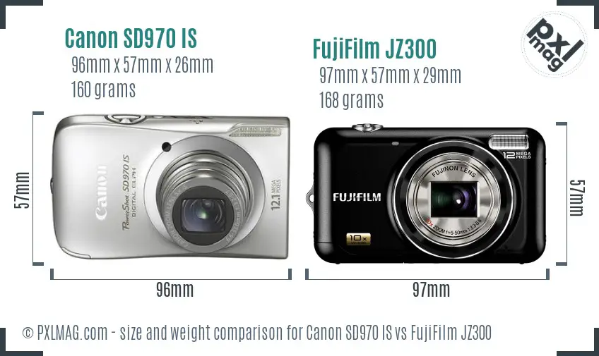 Canon SD970 IS vs FujiFilm JZ300 size comparison