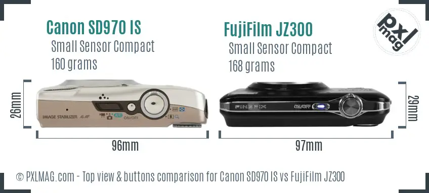 Canon SD970 IS vs FujiFilm JZ300 top view buttons comparison