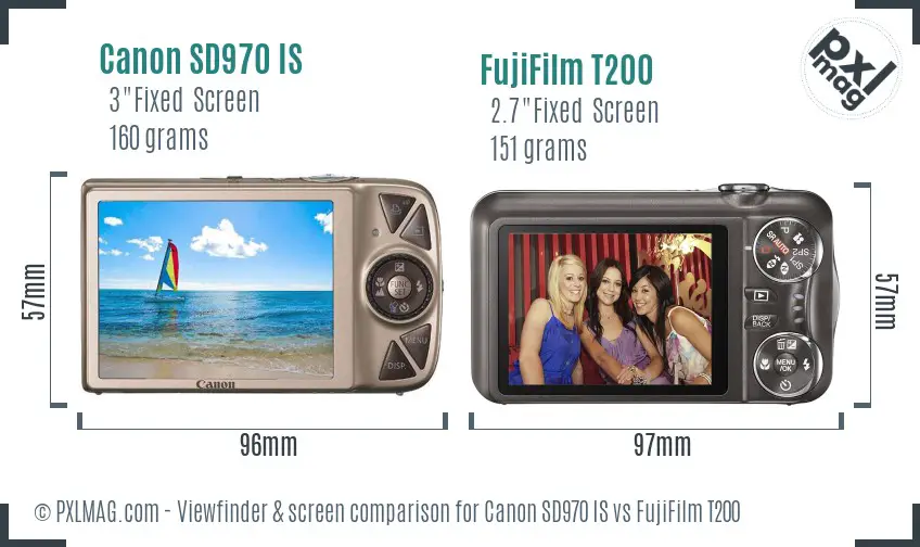 Canon SD970 IS vs FujiFilm T200 Screen and Viewfinder comparison