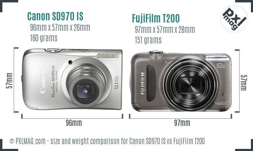 Canon SD970 IS vs FujiFilm T200 size comparison