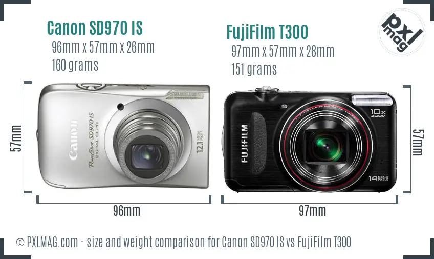 Canon SD970 IS vs FujiFilm T300 size comparison
