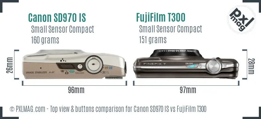 Canon SD970 IS vs FujiFilm T300 top view buttons comparison