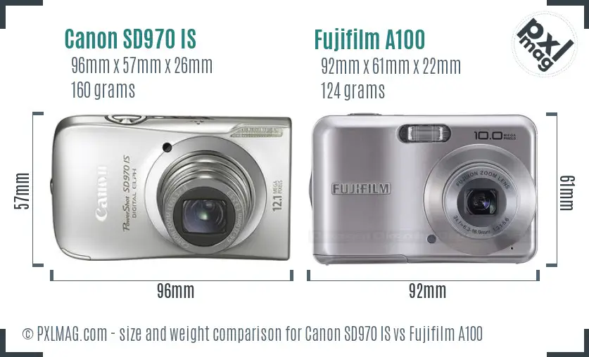 Canon SD970 IS vs Fujifilm A100 size comparison