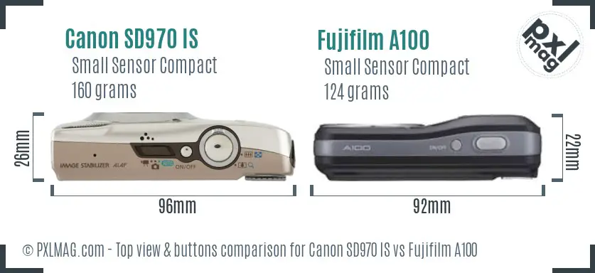 Canon SD970 IS vs Fujifilm A100 top view buttons comparison