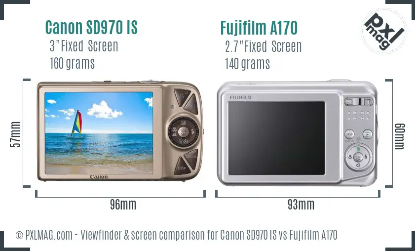 Canon SD970 IS vs Fujifilm A170 Screen and Viewfinder comparison