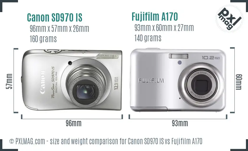 Canon SD970 IS vs Fujifilm A170 size comparison