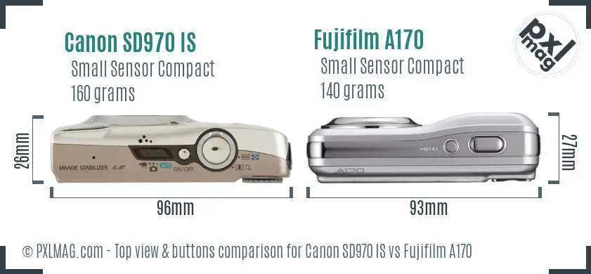 Canon SD970 IS vs Fujifilm A170 top view buttons comparison