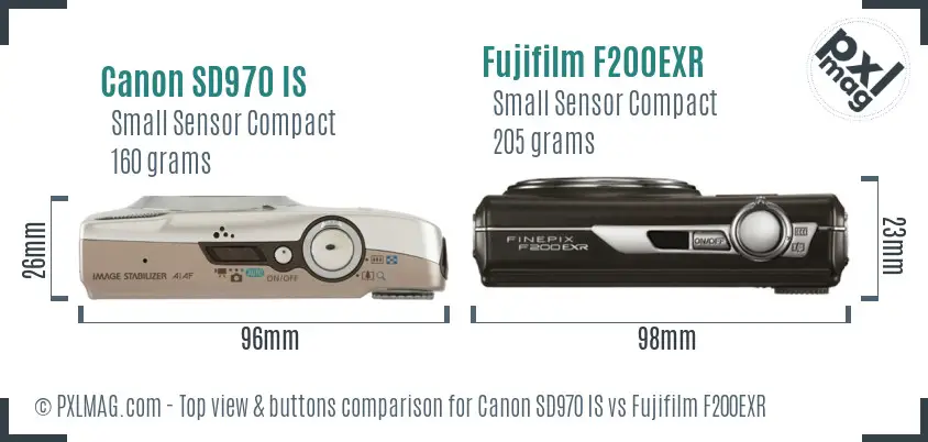 Canon SD970 IS vs Fujifilm F200EXR top view buttons comparison