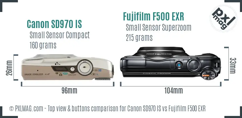 Canon SD970 IS vs Fujifilm F500 EXR top view buttons comparison