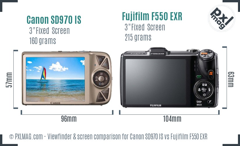 Canon SD970 IS vs Fujifilm F550 EXR Screen and Viewfinder comparison