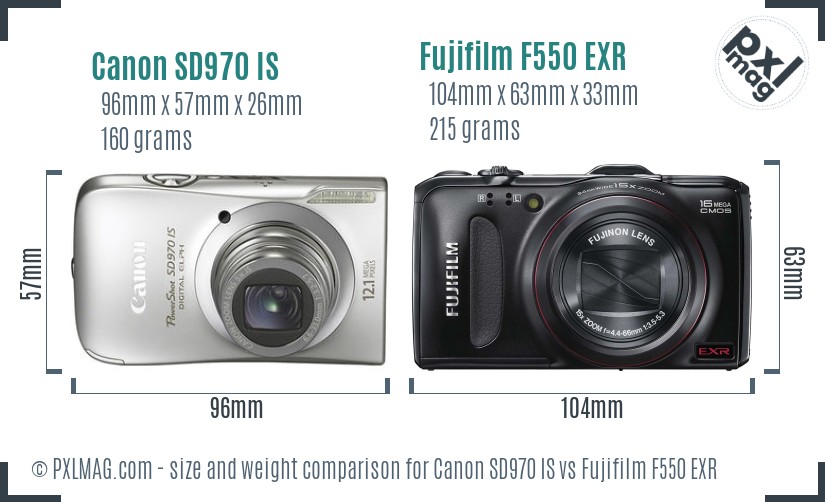 Canon SD970 IS vs Fujifilm F550 EXR size comparison
