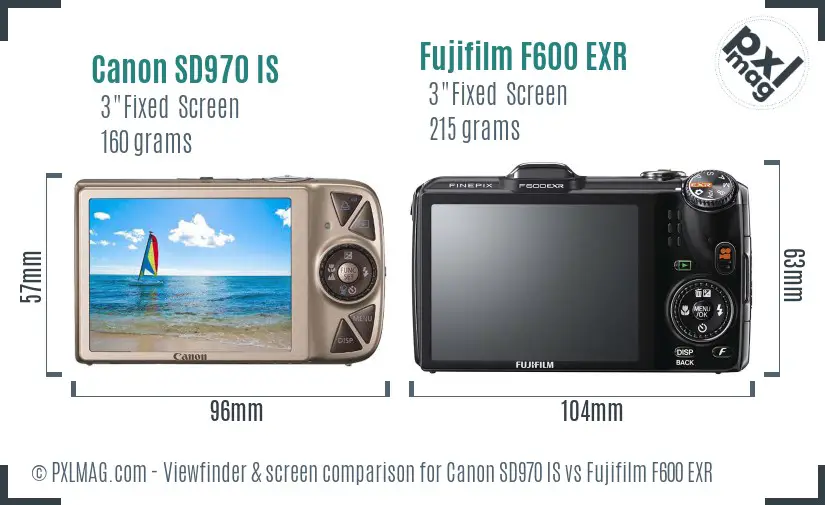 Canon SD970 IS vs Fujifilm F600 EXR Screen and Viewfinder comparison